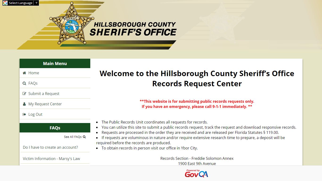 Hillsborough County Sheriff's Office Public Records Center