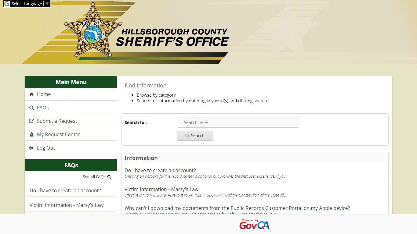 Hillsborough County Sheriff's Office Public Records Center